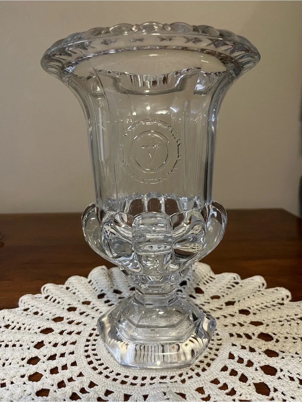 Vintage Val Saint Lambert Belgian Crystal Vase 9” Pedestal Clear Art Glass